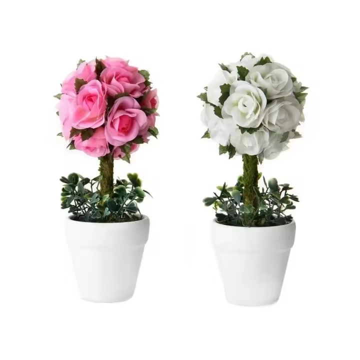 Dcasa Set de 2 plantas artificiales rosas de tela con maceta blanca de terracota de Ø 6x48 cm - 1