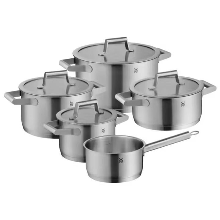Batería de Cocina WMF Comfort Line de 5 Piezas - Acero Inoxidable 18/10, Base TransTherm® para Inducción, con Tapa de Cristal y Borde Vertedor - 1