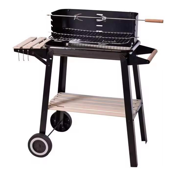 Bbq Barbacoa Rectangular de Carbón 54x34x6.5cm con Parrilla Cromada y Bandeja de Madera Natural - 1