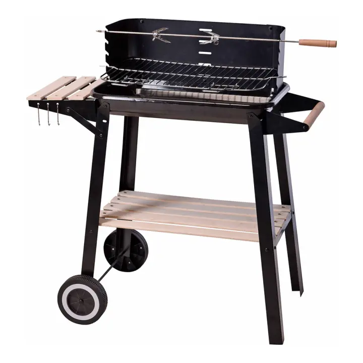 Bbq Barbacoa Rectangular de Carbón 54x34x6.5cm con Parrilla Cromada y Bandeja de Madera Natural - 1