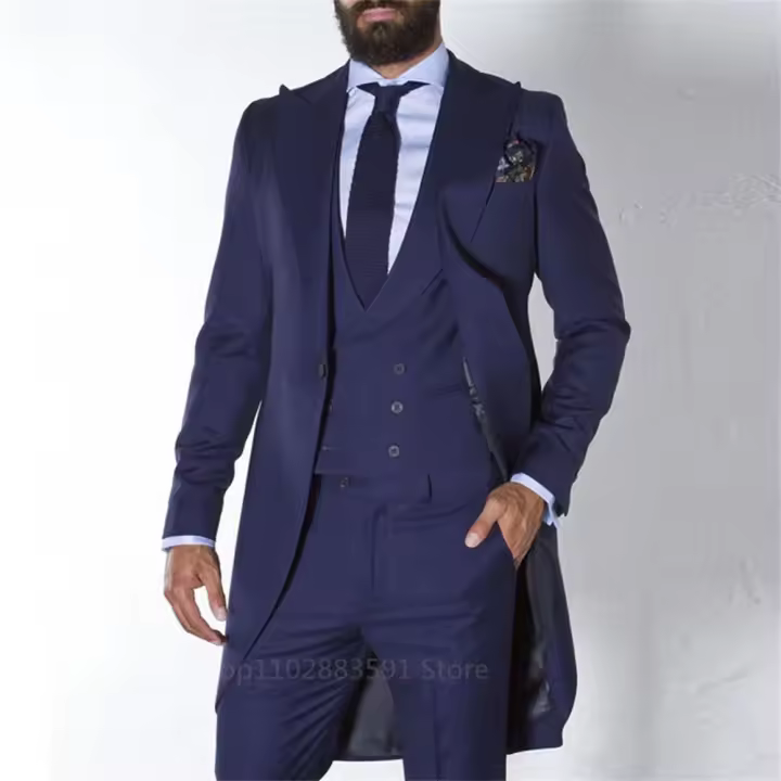 Traje De Novia Azul Oscuro Para Hombres Tuxedo Long Male Moda Blazer 3 Piezas Traje De Boda Personalizado Para Novios Y Compromisos 2024 - 1