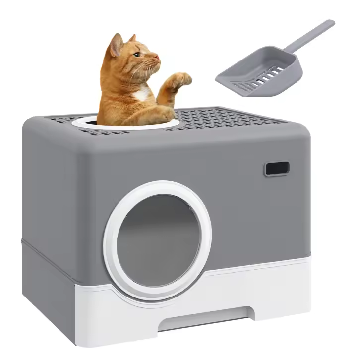 PawHut Arenero para Gatos con Tapa, Arenero para Gatos con Pala, 2 Salidas, Inodoro para Gatos de hasta 4 kg, Plástico, Gris, 52 x 41 x 38,5 cm - 1