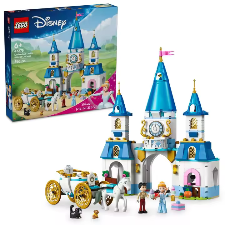 LEGO 43275 Disney Princess Castillo y Carroza de Cenicienta, Juguete para Niñas de 6 Años o Más, Mini Muñecos de Princesa Cenicienta y Príncipe Azul y Figuras de Caballo, Gus y Gato Lucifer - 1