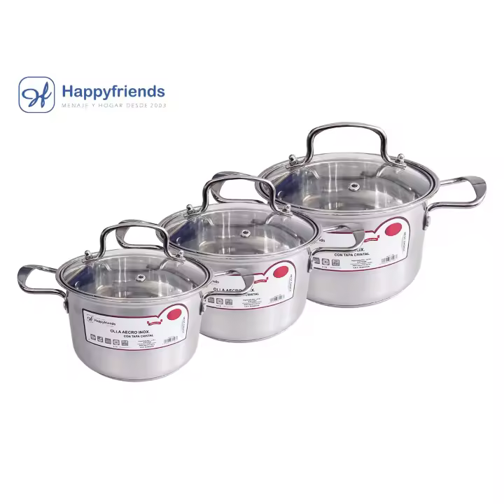 Happy Friends - Sets de 3 Ollas de Acero Inoxidable | Revestimiento Antiadherente | Multicapa | Calentamiento Rápido y Eficiente | Modelos a Elegir Ø16/18/20/22/24 CM - 1