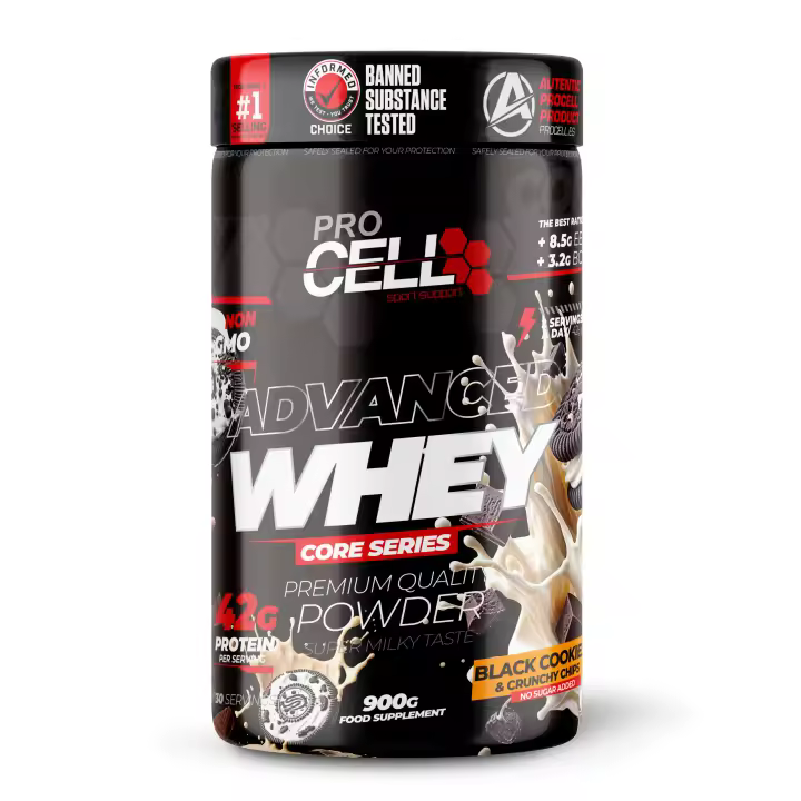 Proteina Concentrada Whey Core 900gr Black Cookies & Crunchy Chips (toppings black cookie) Procell  Sport- Suplemento Deportivo Alto en Proteína y Bajo en Carbohidratos - 1