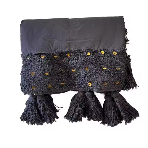 Manta decorativa o pie de cama Handira Gris de 100% algodón con lentejuelas y borlas 125 x 150 cm de la marca Origen - 1