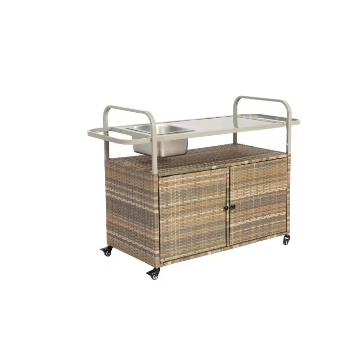 Mesa de bar para exterior, carro de Bar de mimbre con muebles, carro de servir para patio con tapa de Arce, con cubitera, patio junto a la piscina y trasero, color beige - 1