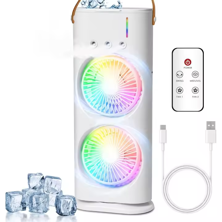 Aire acondicionado portátil, ventilador USB, enfriador de aire, humidificador, 3 velocidades, 3 modos de niebla, mini aire acondicionado con luz de colores, oscilación de 120° [Clase energética A] - 1