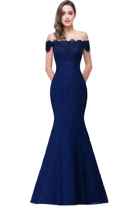 Vestido De Novia De Encaje Mermaid Largo Para Damas De Honor En El Hombro Con Diamantes Elegante En Rojo Burgundy Azul Y Blanca Para Bodas Formales Y Bailes De Graduación - 1