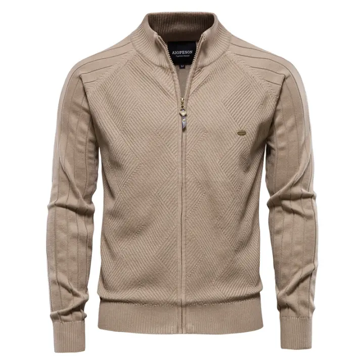 Suéter para Hombre, Chaqueta Cárdigan de Otoño para Hombre, Nuevo suéter Jacquard con Solapa de Color sólido, suéter Informal con Cuello Alto - 1