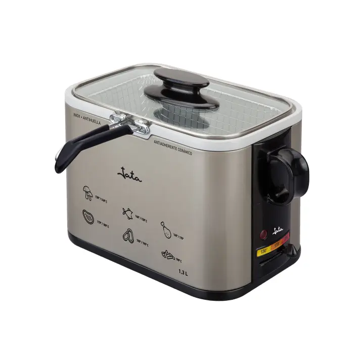 Jata Freidora Compacta Capacidad 1,3 litros Antiadherente Libre de PFOA y PTFE, Estructura Metálica, Cuerpo Inox Antihuella, Termostato Regulable, Cestillo Ajustado para Optimizar, Negro/Plata [Clase de eficiencia energética A] - FR326E FR5600 - 1