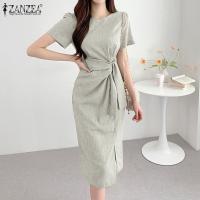 Vestido Bodycon Elegante De Verano ZANZEA Para Mujer Con Manga Corta Y Brecha En El Costado Vestido De Trabajo OL Con Cierre De Cremallera Y Decoración De Encaje Vestido Midi De Polyester - details 4