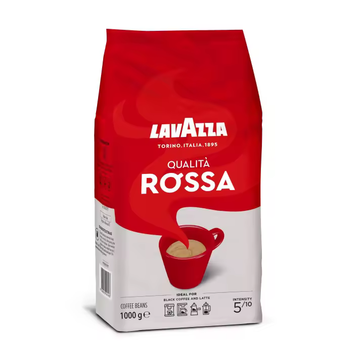 Lavazza, Qualità Rossa, Café en Grano, Ideal para la Máquina de Café Espresso, con Notas Aromáticas de Chocolate y Frutos Secos, Arábica y Robusta, Intensidad 5, Tueste Medio, Paquete de 1 kg - 1