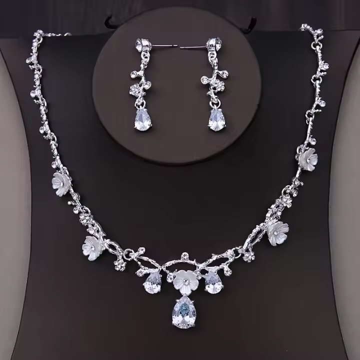 Juego De Collar Y Aretes De Flores Con Rhinestone Zircon Para Bodas Joyería De Novia Accesorios Para Vestidos De Novia Fiesta Regalo Para Mujeres - 1