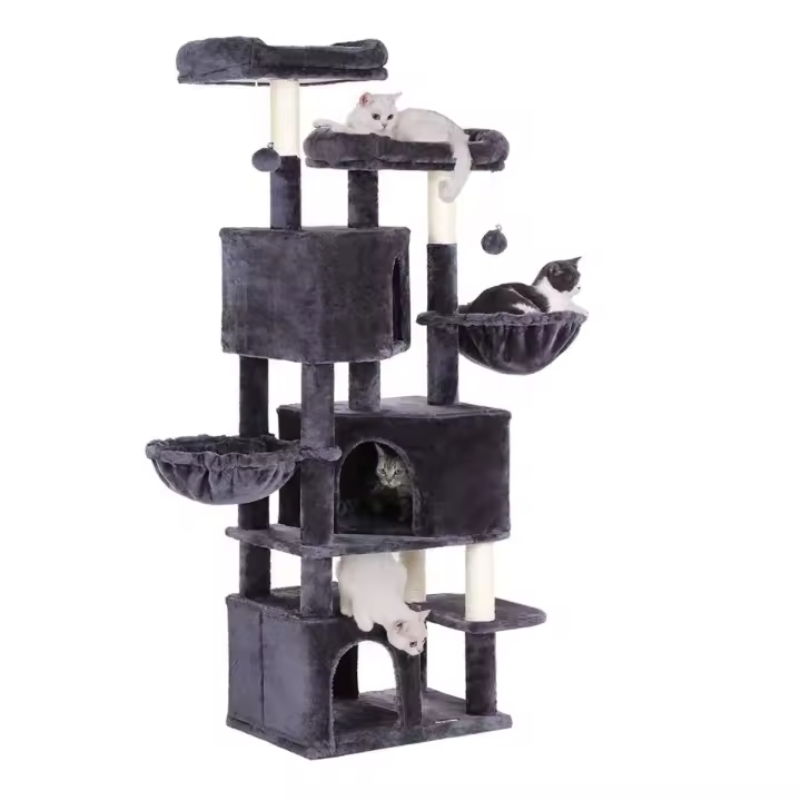 Casa para gatos grande de 164 cm, 3 cuevas, 2 hamacas, 2 plataformas, árbol rascador, color gris antracita o claro - 1
