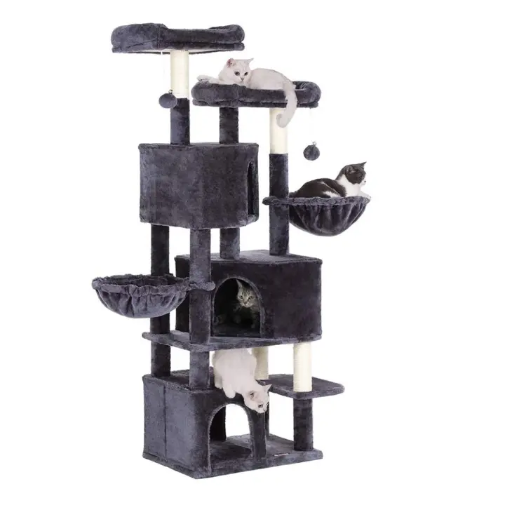 Casa para gatos grande de 164 cm, 3 cuevas, 2 hamacas, 2 plataformas, árbol rascador, color gris antracita o claro - 1