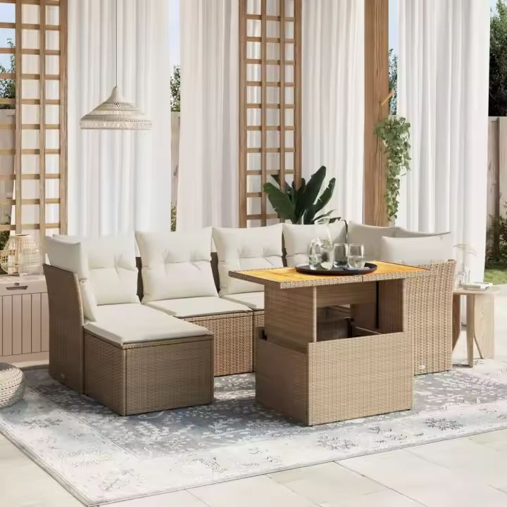 vidaXL Set sofás de jardín 7 piezas y cojines ratán sintético beige - 1