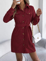 Vestido De Mujer Casual De Otoño E Invierno En Color Sólido De Corduroy Con Botones Y Cordones Largo De Cintura Vestimenta - details 12