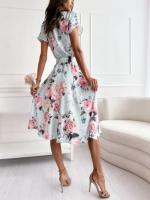 Nuevo Vestido De Verano Para Mujer Con Estampado Floral Cuello V Manga Corta Elegante Con Botones Y Cinturón Estilo Bohemio Midi - details 7