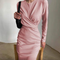 Vestido Bodycon Midi De Otoño Invierno Para Mujer Con Manga Larga Cuello Redondo Elegante Y Chic Ajustado Para Oficina Y Calle - details 11