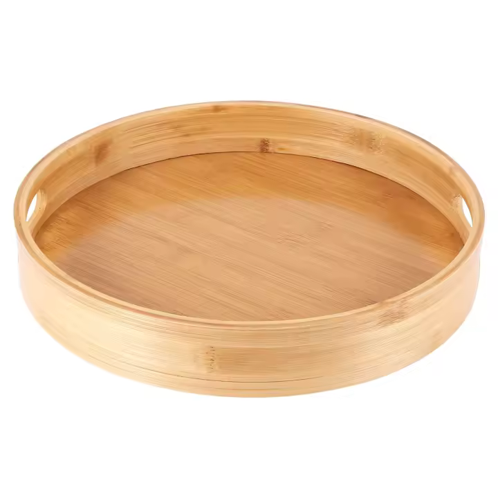 Bandeja redonda de madera de bambú para servir, bandejas para cena, barra de té, contenedor de comida para desayuno, bandeja de almacenamiento con asa 2 - 1