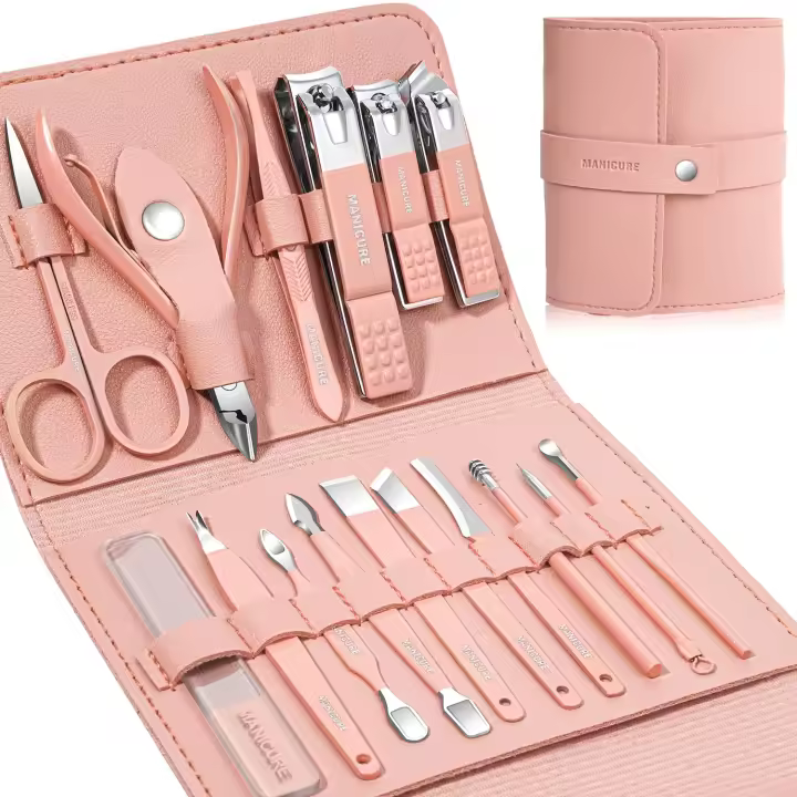 Juego de manicura y pedicura Profesional, cortaúñas, 18 piezas, herramientas de cuido de uñas de Maple inoxidable, Kit De Cuido (Pink) - 1