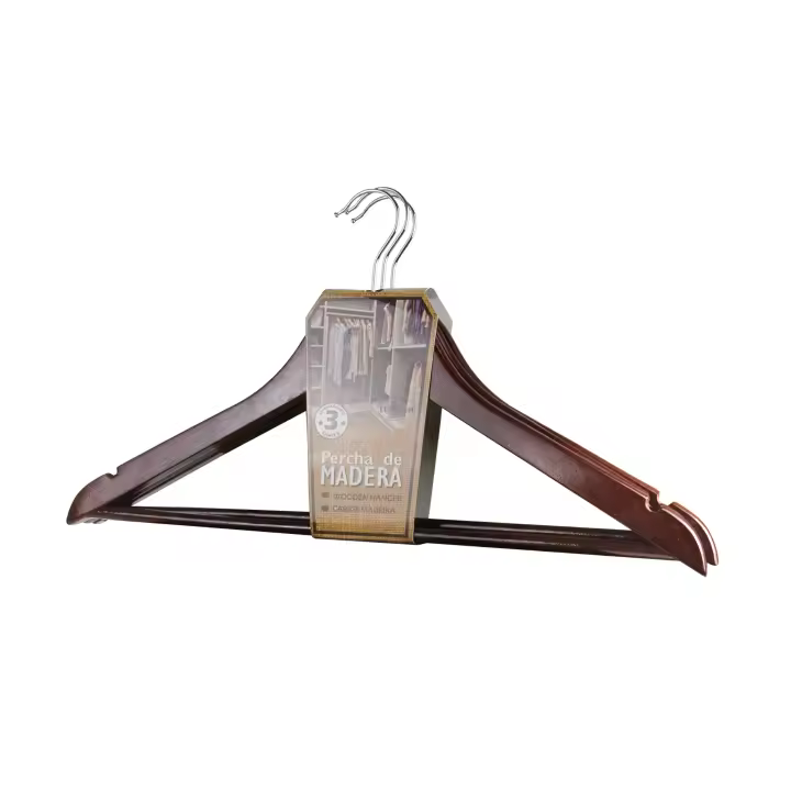Pack 3 Perchas de madera color marrón. 44cm ancho x 23cm alto. Con ganchos giratorios 360º de acero, con muescas para vestidos y barra inferior. Perchas de armario ideales para blusas, pantalones, camisas, trajes. - 1