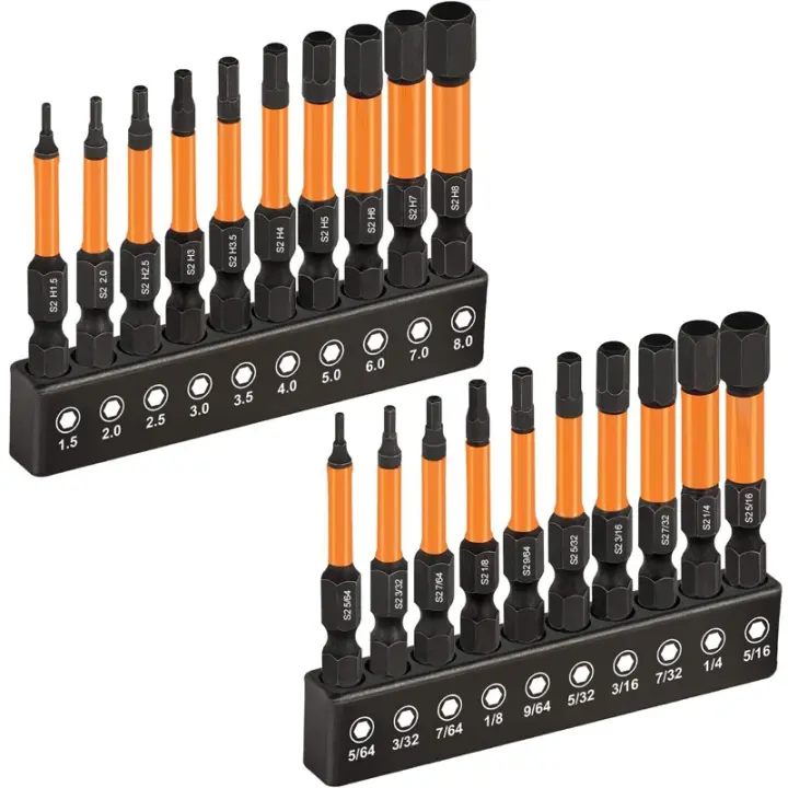 Juego De 20 Piezas De Llaves Allen Con Cabeza Hexagonal Y Bit Magnético Para Destornillador Y Taladro SAE Imperial Y Métrico Quick Release 1/4 Pulgada Junta Impacto 50mm - 1