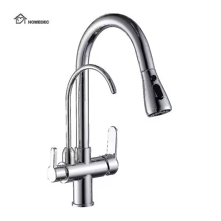BIT 3 en 1 Grifo de cocina con grifo de agua potable, grifo purificador de agua 3 en 1, 2 asas, rociador extraíble de 3 funciones, cuerpo de latón, cromo - 1