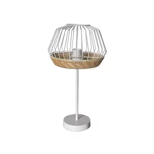 FABRILAMP Lámpara de Mesa Hugo Blanco/Natural Metal y Ratán 1xe27 (46xØ25x25cm) - 1