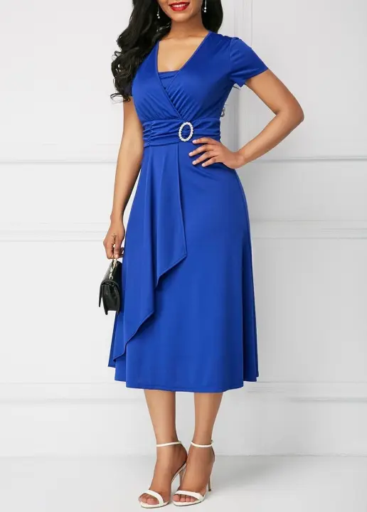 Vestido Midi De Fiesta Elegante Para Mujer En Color Sólido Con Cuello En V Manga Corta Ajustado Y Cintura Alta Vestido De Noche Para Damas Con Cinturón Decorativo - 1