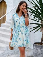 Vestido A-Line De Pierna Larga Para Mujer Con Estampado Floral Elegante Cuello V Manga Corta Estilo Casual Vestido De Verano Primavera - details 1