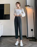 Pantalones De Trabajo Mujer Estilo Casual Cintura Alta Botones Talla Grande Color Caqui Largo Hasta El Tobillo Trasero Ancho - details 12