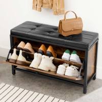 Banco zapatero industrial con cajón, asiento tapizado acolchado, capacidad para 6 pares, bául almacenaje, estructura de acero, marrón rústico y negro - details 4