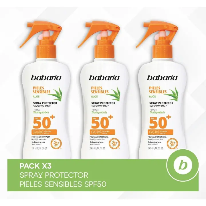 Babaria Pack 3x Spray Protector Pieles Sensibles SPF50: Spray con Protección Muy Alta, Contienen un Activo Calmante para las Pieles más Sensibles 200ml - 1