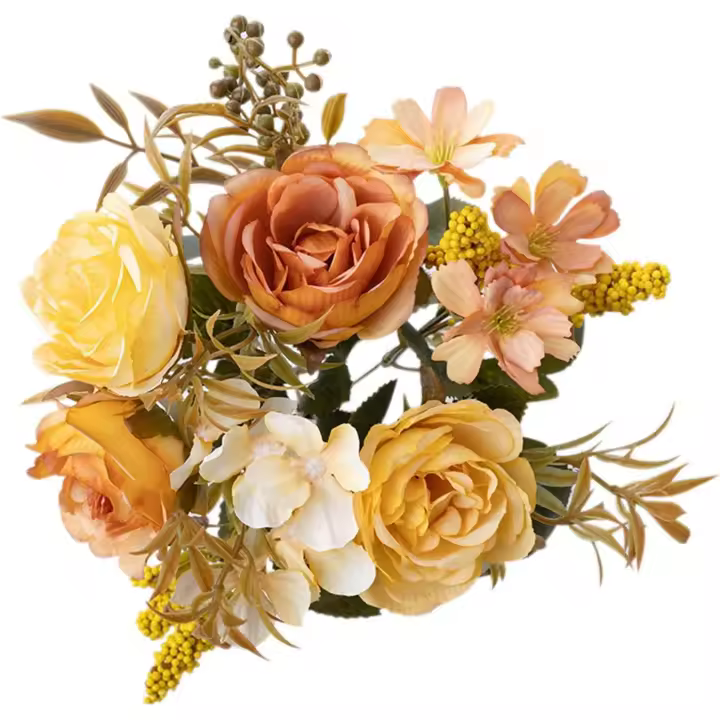 Flores de peonía artificiales vintage de seda de color amarillo polvoriento, flores falsas para centros de mesa de ramos de boda hechos a mano de 1 pieza (amarillo) - 1