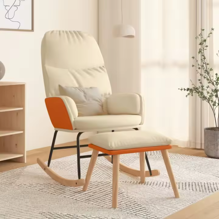 vidaXL Silla mecedora con reposapiés tela blanco crema - 1