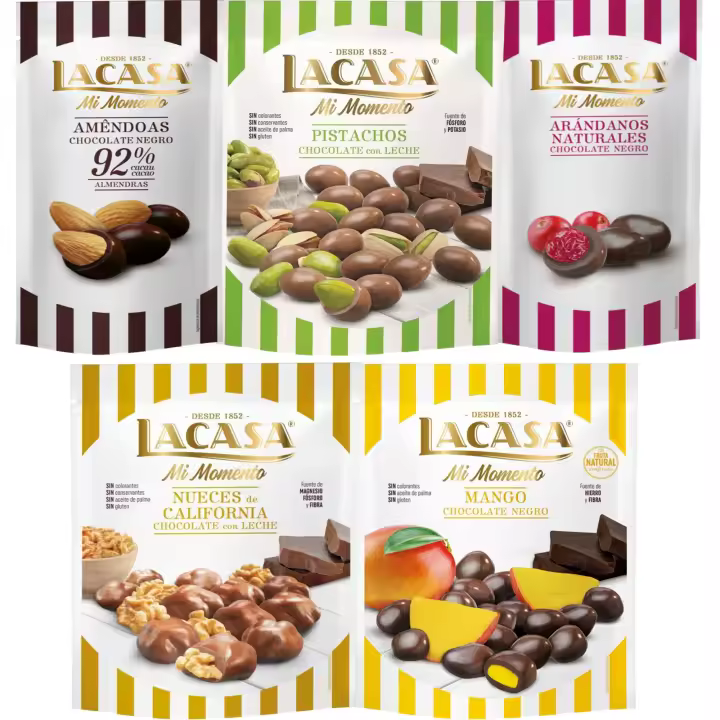 Lacasa Mi Momento pack de 5:Arándano Chocolate Negro ,Almendra 92% ,Nueces Chocolate Leche ,Pistacho Chocolate Leche ,Mango Chocolate Negro - 1