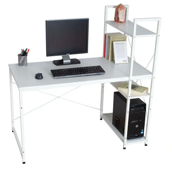 Mesa Escritorio Librería Oficina Estilo Contemporáneo en Blanco con 3 Estantes 120x112x60 cm - 1