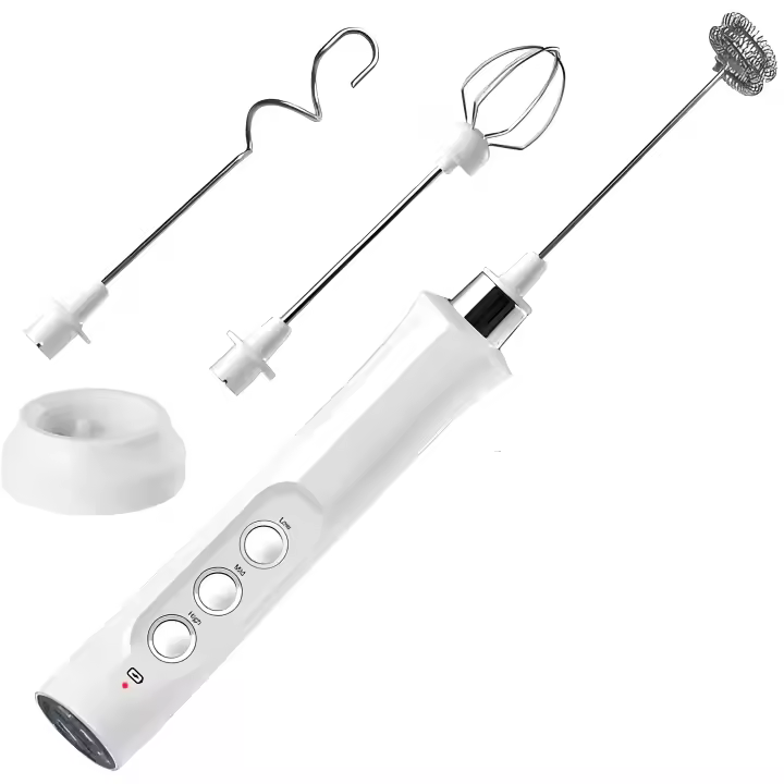 Mini Batidora Blanca Recargable Para Espumar Café, Batir Ojos y Mezclar Espumador de Leche Eléctrico de Mano Moderno con 3 Velocidades, Incluye 3 Cabezales - 1