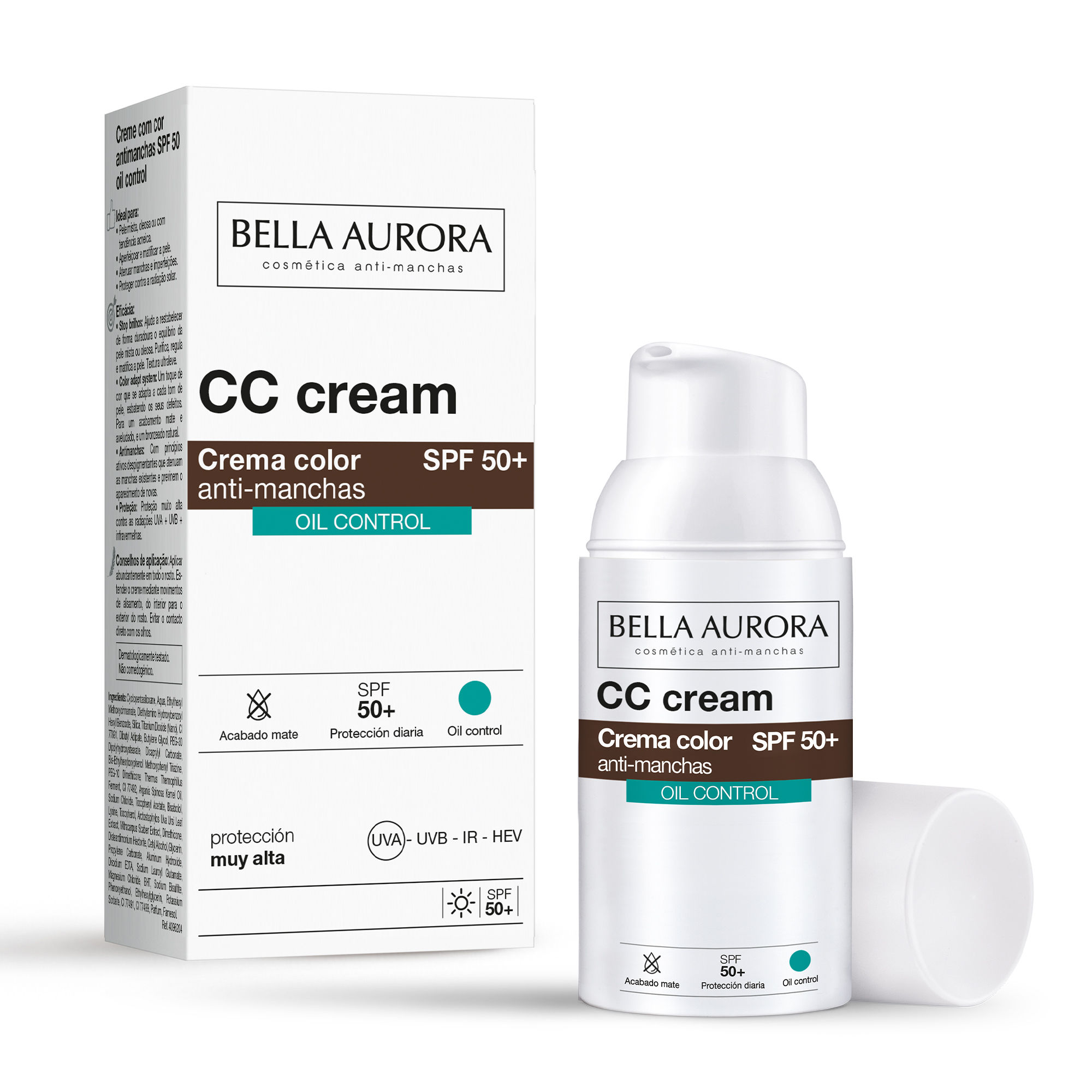BELLA AURORA - CC Cream Antimanchas Oil Control SPF50+ 30 ml, Protector Solar Antimanchas, Crema Color Antimanchas, para Pieles con Brillo o Mixtas-Grasas, Crema Solar Facial, Textura Ultraligera