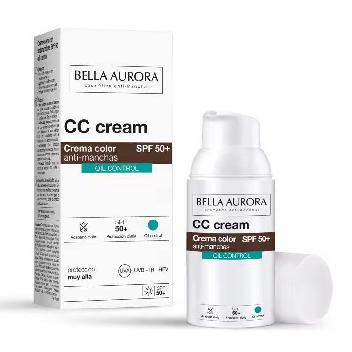 BELLA AURORA - CC Cream Antimanchas Oil Control SPF50+ 30 ml, Protector Solar Antimanchas, Crema Color Antimanchas, para Pieles con Brillo o Mixtas-Grasas, Crema Solar Facial, Textura Ultraligera - 1