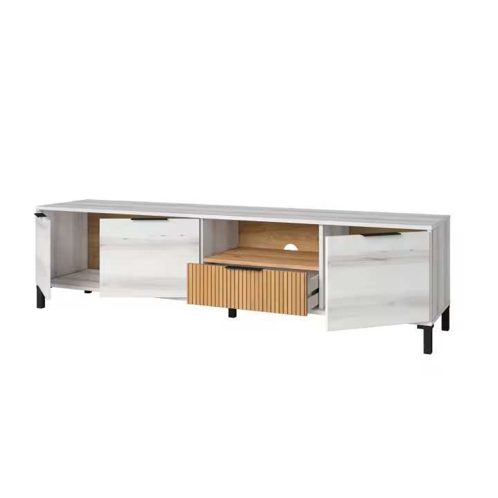 Mueble de TV para Salón Comedor Tokio Estilo Nórdico en Color Blanco Albo y Roble Rayado con 3 Puertas y 2 Cajones 178 cm - 1