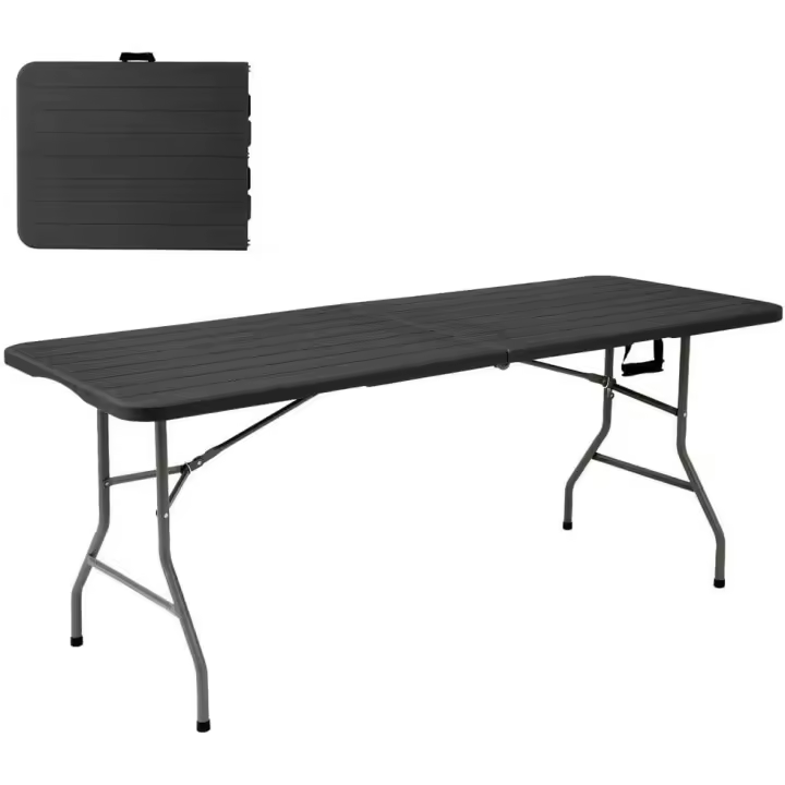 Mesa Plegable Efecto Madera | Gris Oscuro, 180x74 cm | Acero Anticorrosión y HDPE | Resistente, fácil Transporte, fácil Montaje | Ideal Acampadas, Picnic, Catering, Jardín, Terraza - 1