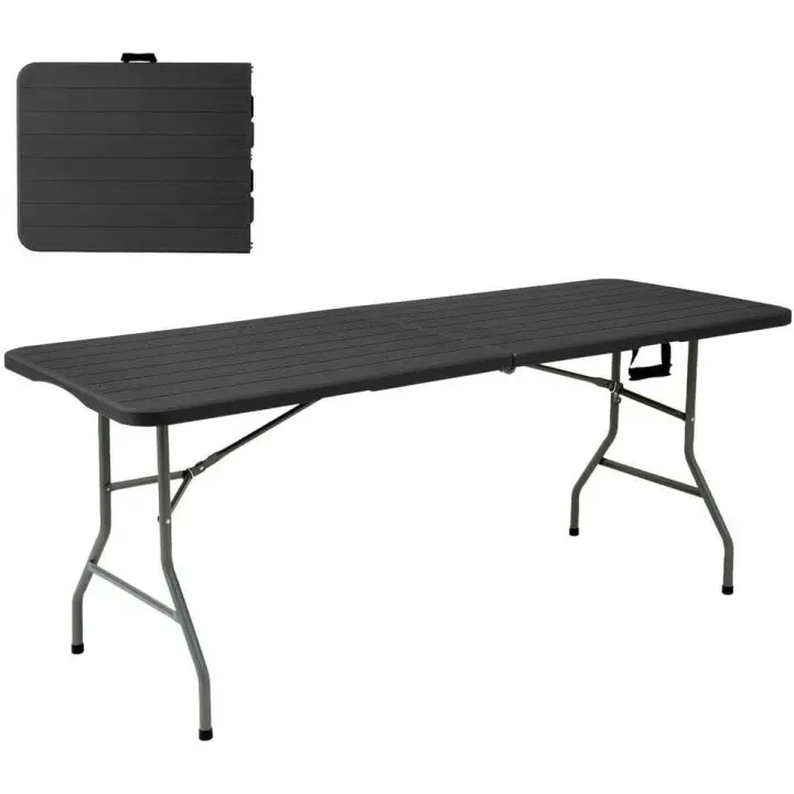 Mesa Plegable Efecto Madera | Gris Oscuro, 180x74 cm | Acero Anticorrosión y HDPE | Resistente, fácil Transporte, fácil Montaje | Ideal Acampadas, Picnic, Catering, Jardín, Terraza - 1