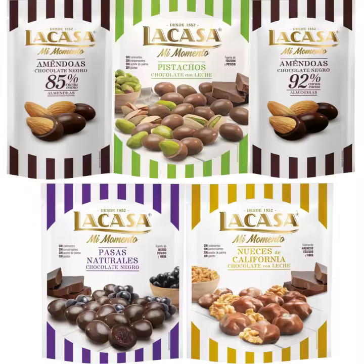 Lacasa Mi Momento pack de 5:Almendra 92% ,Almendra 85% ,Nueces Chocolate Leche,Pasas Chocolate Negro ,Pistacho Chocolate Leche - 1