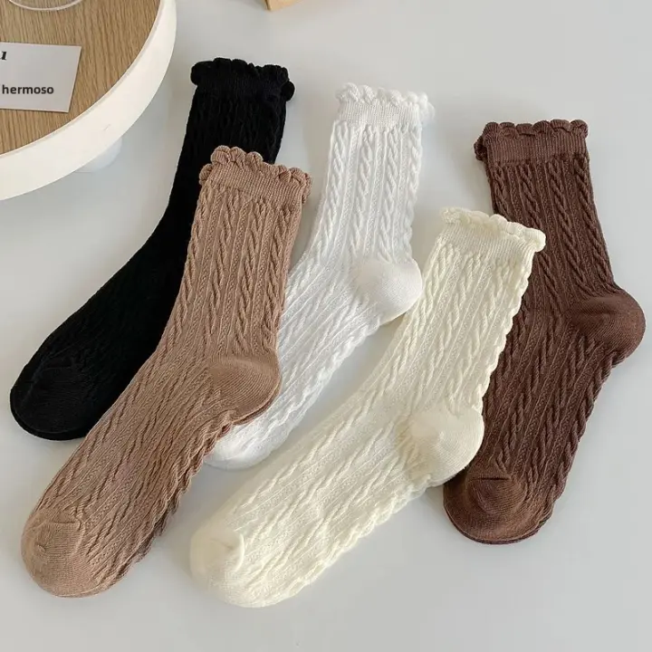 5 Pares De Calcetines Harajuku Con Volantes Para Mujer Y Niñas Calcetines De Talla Media Suaves Transpirables De Color Sólido - 1