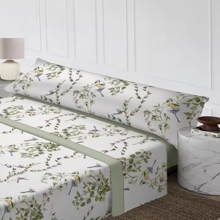Juego de Sábanas Verano 3 Piezas - Microfibra Transpirable con Diseño de Hojas y Ruiseñores | Tallas 90/105/135/150/180 cm | Estilo Elegante en Verde y Blanco | Anti-Arrugas y Secado Rápido - 1