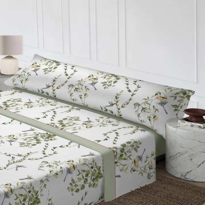Juego de Sábanas Verano 3 Piezas - Microfibra Transpirable con Diseño de Hojas y Ruiseñores | Tallas 90/105/135/150/180 cm | Estilo Elegante en Verde y Blanco | Anti-Arrugas y Secado Rápido - 1