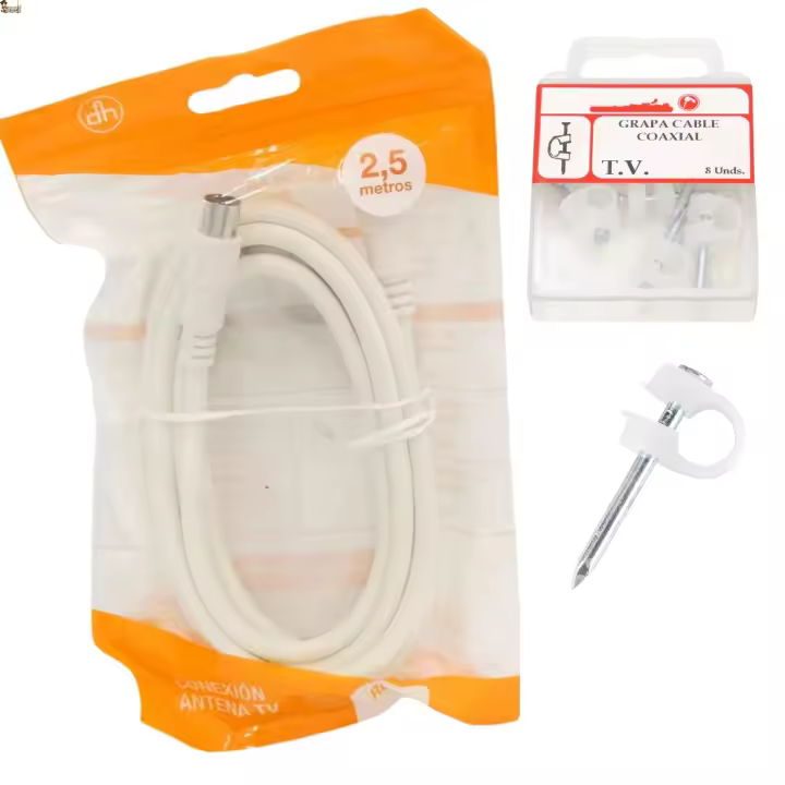 Cable Antena TV Conector con Grapas Blanco 2,50 Mts + 8 Grapas Coaxial de Cobre RG-59 75 Ohms Grapa Cerrada Tipo Televés Enchufe Entrada Macho Salida Hembra Cables Bricoloco.com - 1